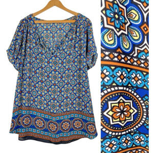 Daniel Rainn Sz 2X Tunic Blouse Top Blue Geometric V Neck Peasant Boho Festival